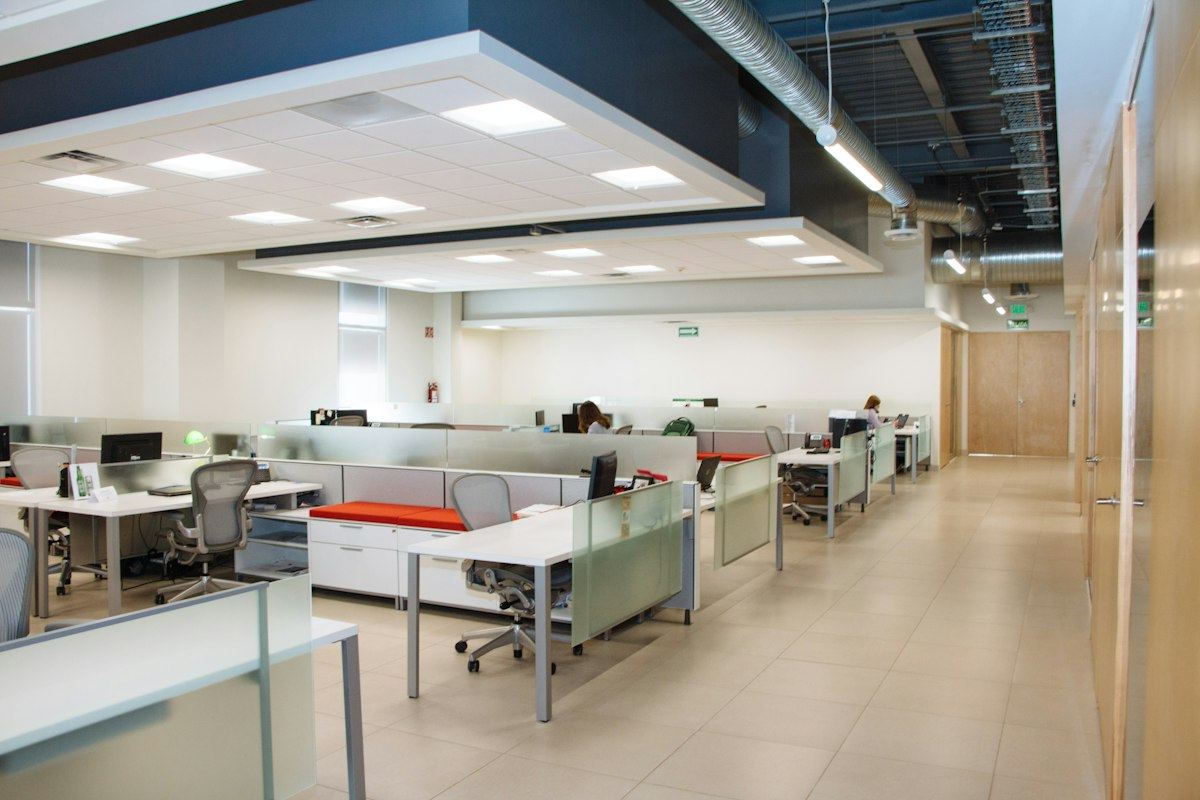 A bright open-plan office with rows of desks