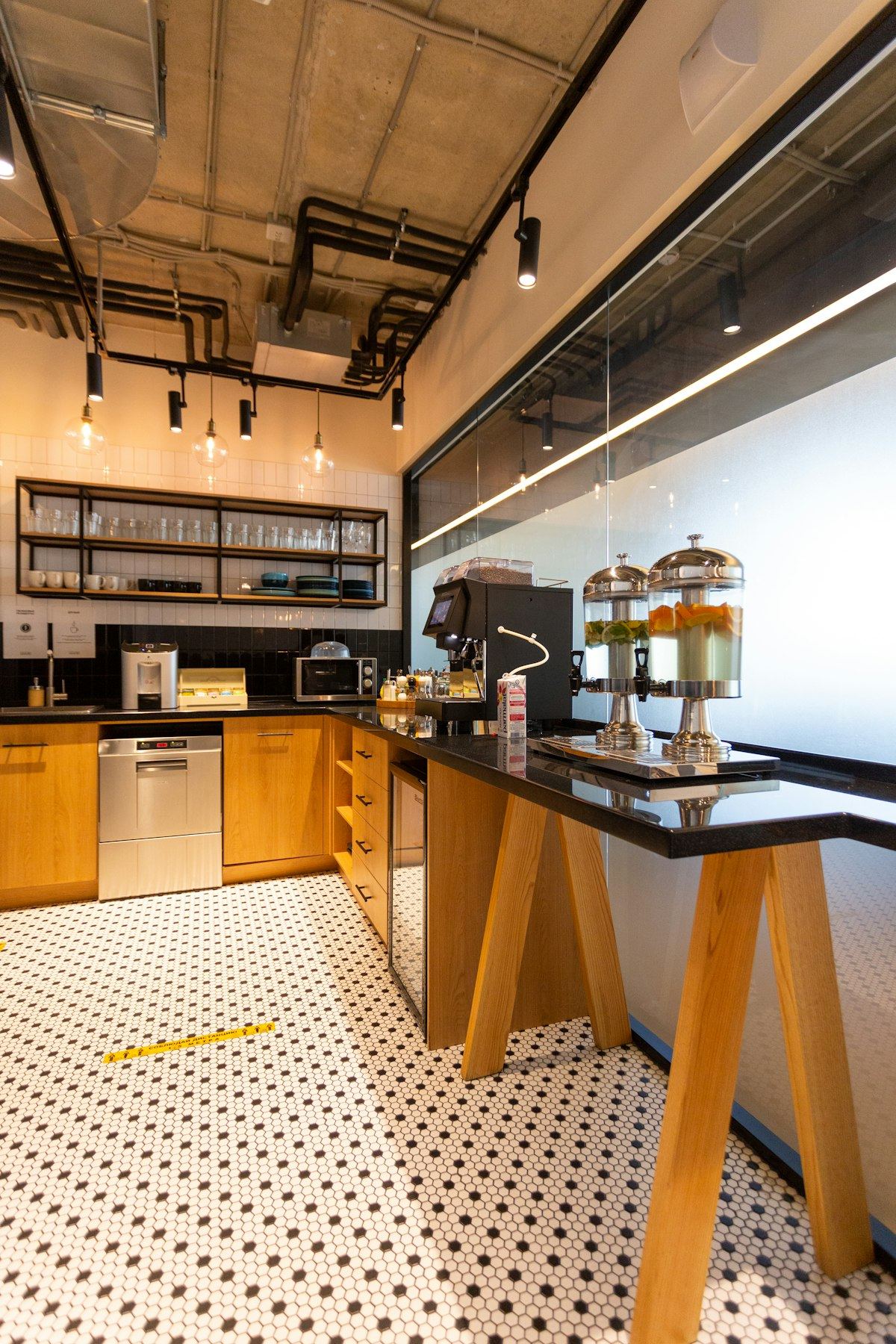 A coffee station in a shared office kitchen