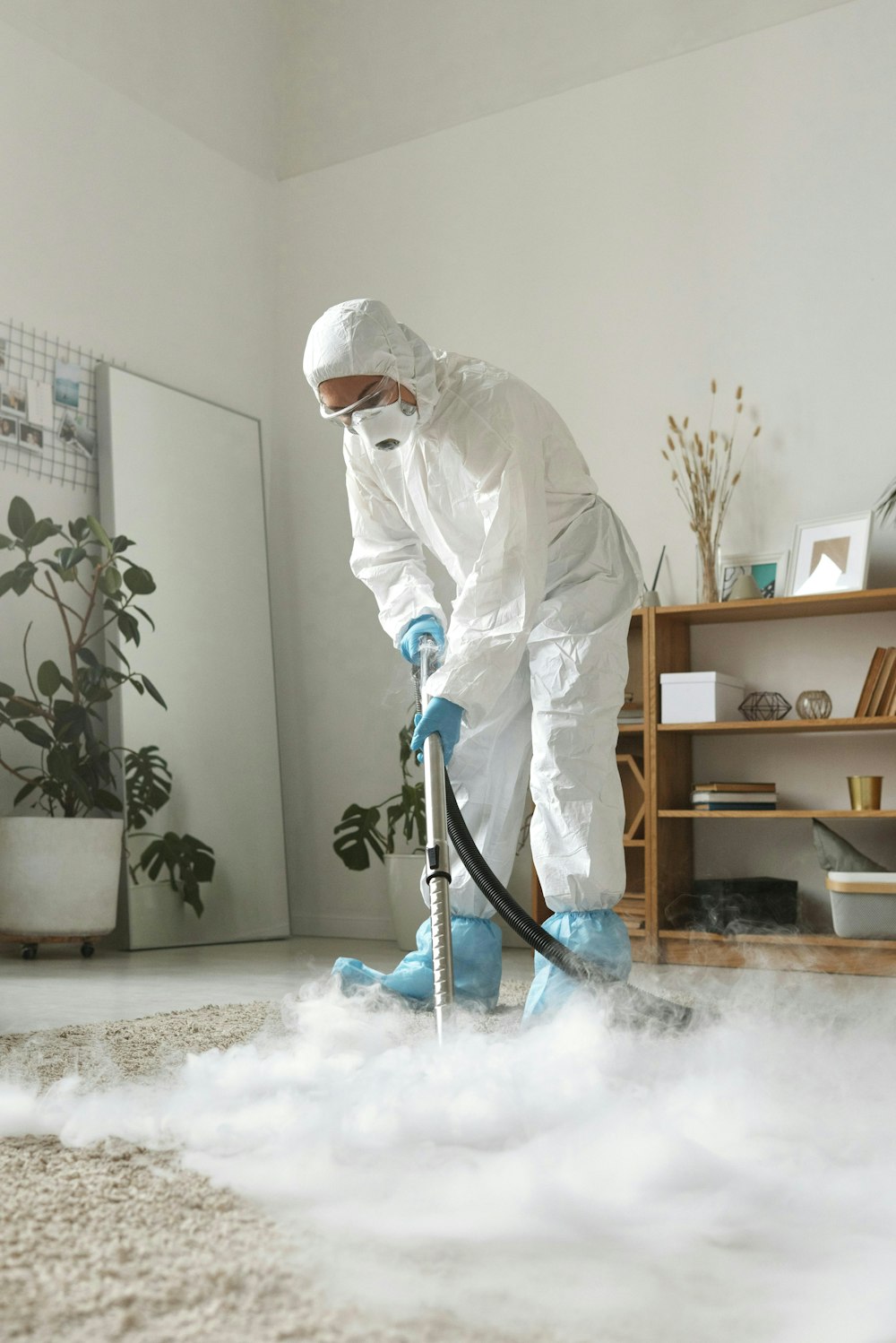 A cleaner in a protective suit steam-cleaning a carpet