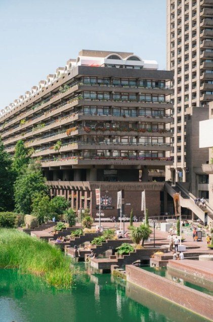 The Barbican Estate's terraced towers and lakeside gardens in the City of London