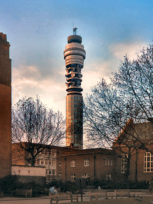 Fitzroy Square in Fitzrovia with the Post Office (BT) Tower rising behind it, in a 1977 photograph