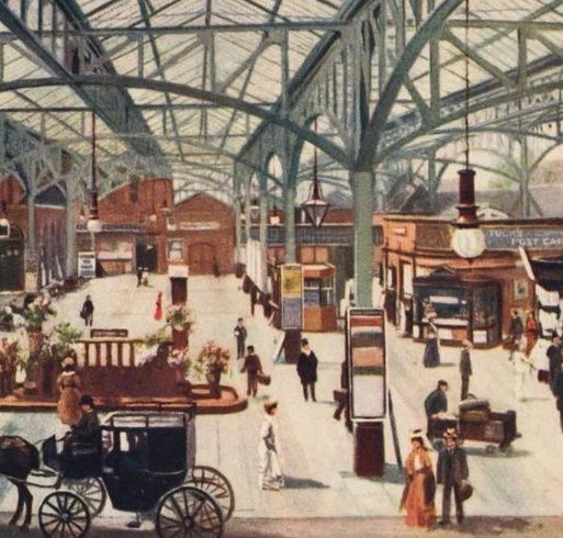 An Edwardian illustration of a Marylebone station concourse, with a horse-drawn cab and passengers