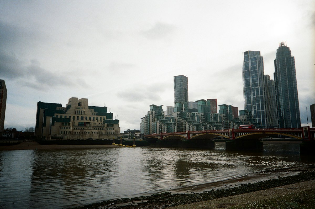 Riverside towers and Vauxhall Bridge seen from the Thames foreshore