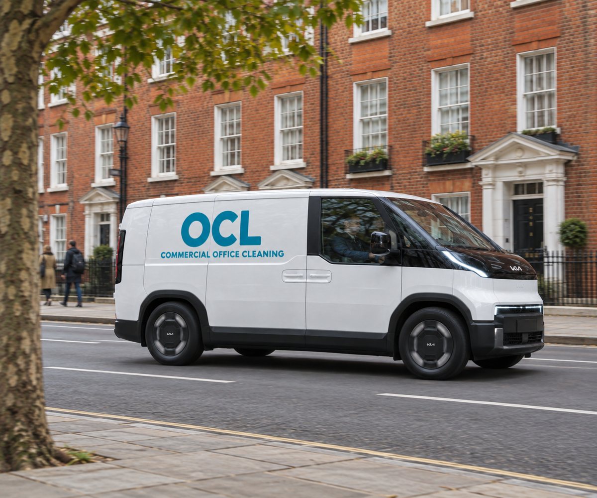 A white OCL commercial office cleaning van with a driver at the wheel, passing red-brick London townhouses